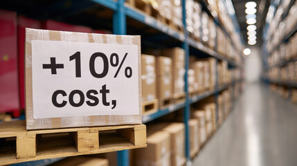 Warehouse aisle with shelves of boxes and sign showing 10% cost increase