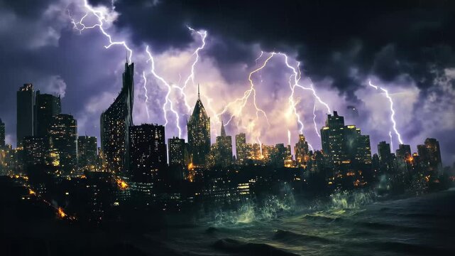 Storm unleashes horizontal lightning over city skyline at night, The storm with horizontal lighnings above city at night