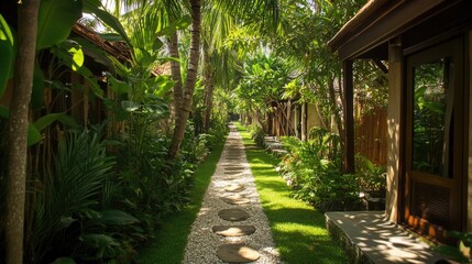 Fototapeta premium Serene Tropical Pathway: Lush Greenery and Tranquil Villas