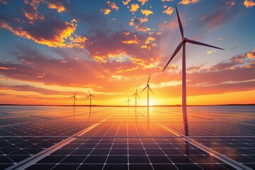 Solar panels and wind turbines in a vibrant sunset landscape, digital art style on a scenic natural background. Concept of green energy and sustainability. Ai generative