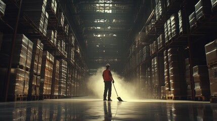 Obraz premium Warehouse worker sweeping floor among goods