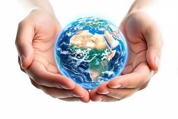 Two hands holding a glowing Earth globe with detailed continents and clouds, realistic style, white background, concept of green energy and environment. Ai generative
