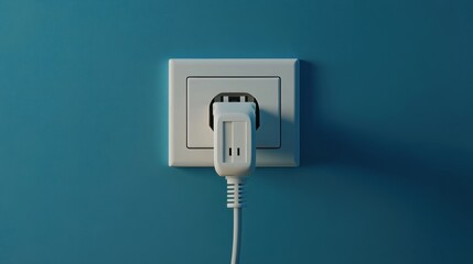 Minimalist electrical socket concept, a single plug in wall against blue background