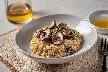 Delectable Mushroom Risotto a culinary delight, featuring a creamy and flavorful risotto generously topped with perfectly cooked mushrooms, garnished with fresh herbs.