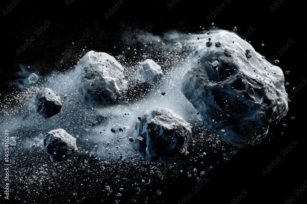 Poster asteroid field in deep space with dust and debris on a black background for science concepts