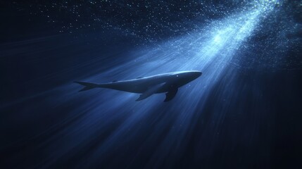 Fototapeta premium A sleek megalodon swimming gracefully in deep blue ocean waters, surrounded by faint light rays