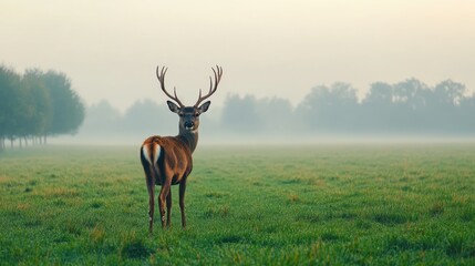 Majestic Deer in a Misty Meadow