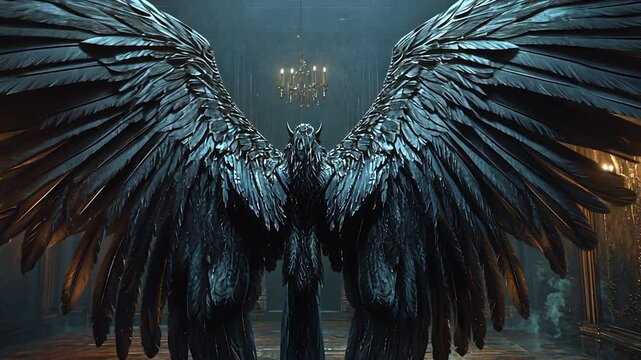 Dark gothic angel wings spread in ancient mansion, dramatic scene, possible use for fantasy movie poster