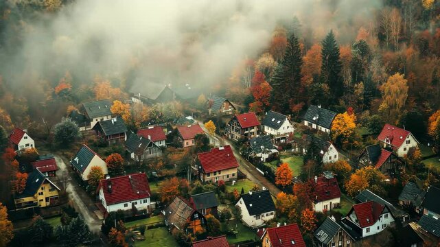 Aerial view of the picturesque village Kladruby in the Czech Republic surrounded by autumn foliage, Aerial view of the village Kladruby in the Czech Republic on a cloudy day in autumn