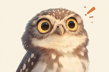 Fototapeta premium Cute cartoon owl with big eyes and an exclamation point shows excitement