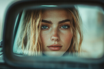 A woman looking in the car mirror.