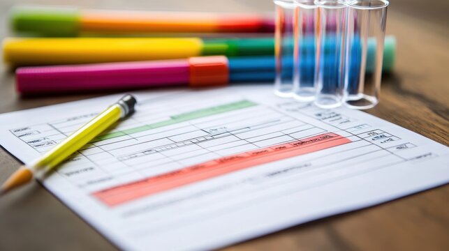 Document with charts and test tubes on table
