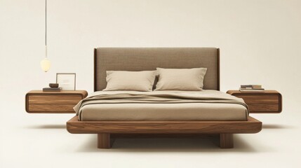 Bedroom design with wood bed, beige accents, and minimalist furnishings