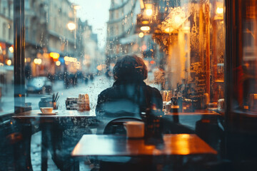 Fototapeta premium Person sitting at cafe table, engrossed in reading book with a steaming cup of coffee beside them. Cozy atmosphere with soft background blur.