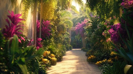 Sunlit Tropical Garden Path: A Serene Escape
