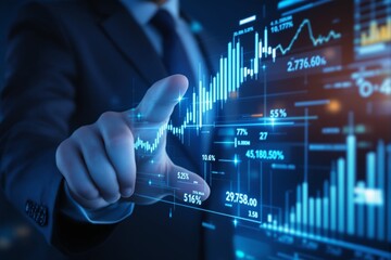 Businessman interacting with digital stock market data and charts in a futuristic interface, creative style on abstract blue background, concept of finance. Ai generative
