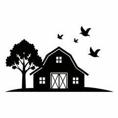 Barn with oak tree and flying birds icon vector on white background.