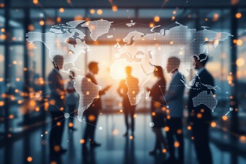 Businesspeople silhouettes in office background with illuminated digital world map overlay, glowing connections, concept of global business. Ai generative