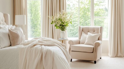 Fototapeta premium Serene Bedroom Haven: Luxurious textiles and calming aesthetics create a tranquil atmosphere, perfect for relaxation and peaceful mornings.