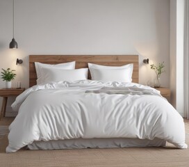 King-size bed, crisp white bedding, minimalist Scandinavian style ,  interior,  calm,  simple elegance