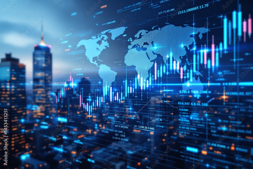 Poster digital stock chart with glowing graphs and world map overlay on a cityscape at dusk, futuristic con