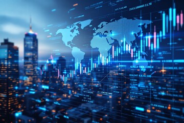 Digital stock chart with glowing graphs and world map overlay on a cityscape at dusk, futuristic concept of global business finance. Ai generative