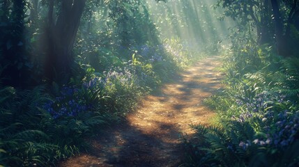 Obraz premium Sunlight streaming through trees illuminates a tranquil forest path with blooming flowers in early morning