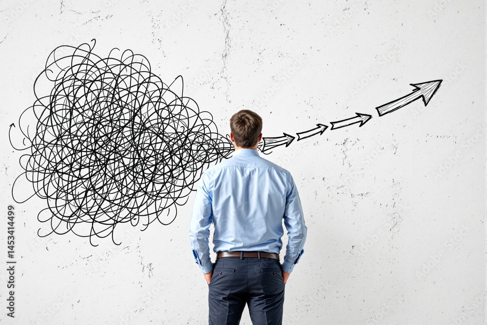 Aufkleber man in formal attire looks at chaotic scribbles transforming into clear arrows on white wall backgro