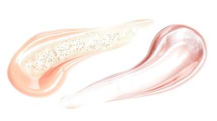Fototapeta premium Two glossy, shimmering liquid swatches of makeup are presented in isolation on a pure white background, highlighting the alluring texture and vibrant colors of the makeup. These swatches, with their