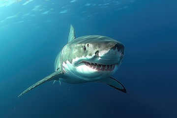 Naklejka premium Large great white shark in ocean depths.