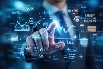 Businessman in suit using advanced digital financial interface with glowing stock charts and data analytics on futuristic blue background, concept of business innovation, Ai generative