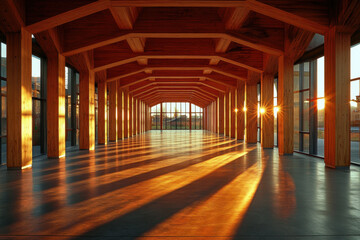 Long hallway with wooden beams and ample natural light streaming in through multiple windows, creating a warm and inviting atmosphere.