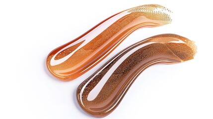 Two glossy, shimmering liquid swatches of makeup are presented in isolation on a pure white background, highlighting the alluring texture and vibrant colors of the makeup. These swatches, with their