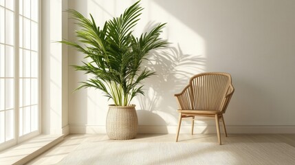 Fototapeta premium Serene Minimalist Interior: Sunlight Dappled Room with Palm Plant and Wooden Chair