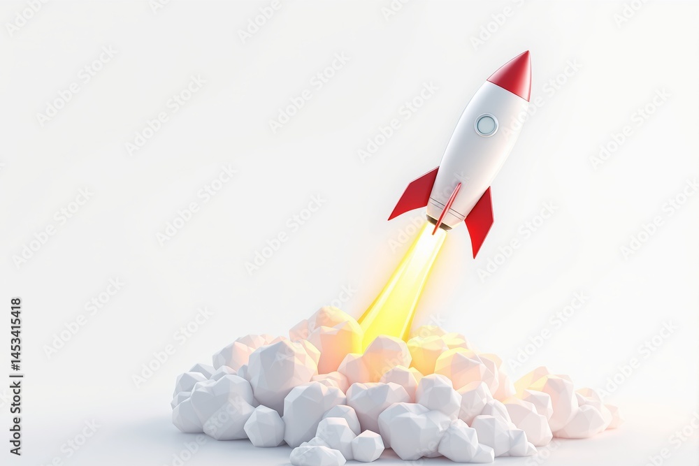 Poster a stylized rocket launching with glowing flames from angular clouds in a minimal white space, symbol