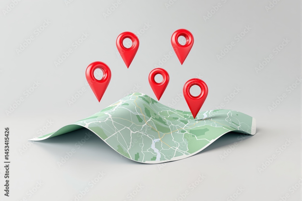 Poster folded geographic map with red location pins in a minimal creative style on a light background. conc