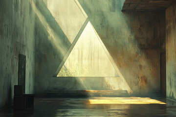 Sunlight streaming through a large window into a serene room, casting long shadows on the floor, illuminating a vase of fresh flowers.