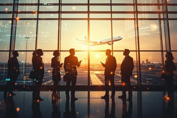 Group of business people at airport terminal with airplane in background, digital interface style, sunset background, concept of global business travel. Ai generative