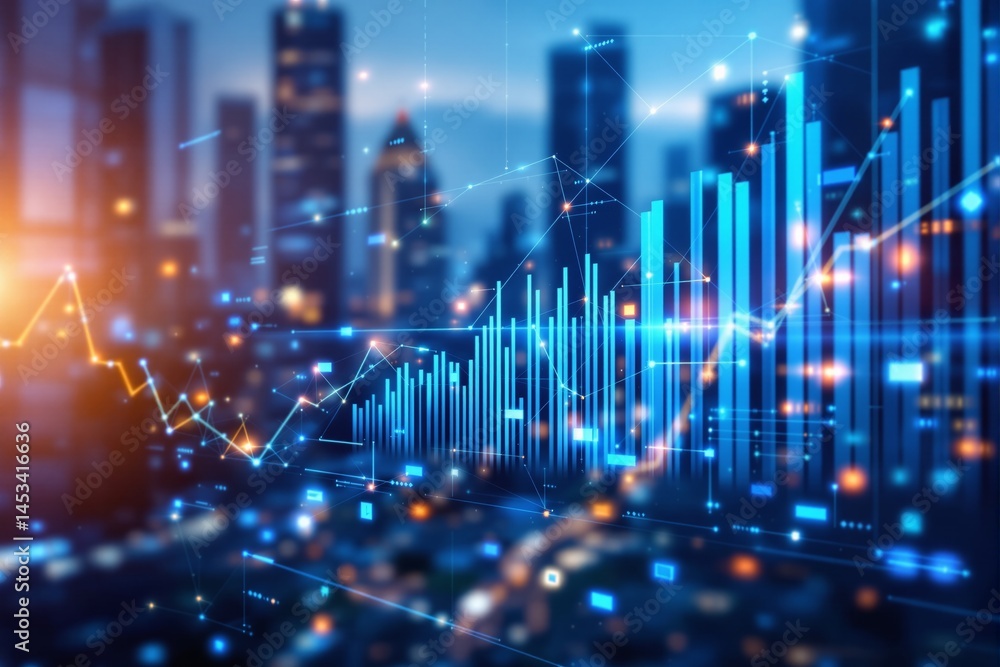 Poster abstract graph bars and data lines over futuristic cityscape, glowing digital style on urban backgro
