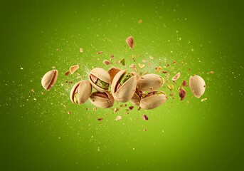 A vibrant explosion of pistachios against a bright green backdrop with scattered shell fragments around