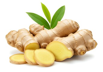 A close up of ginger root with green leaves and slices on a white background in a studio shot
