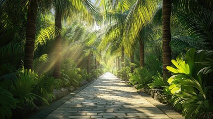 Obraz premium Serene Sunlit Palm Tree Lined Path