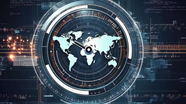Moving clock overlaying digital interface featuring a world map and futuristic design elements, moving clock over digital interface with world map on grey background - Powered by Adobe