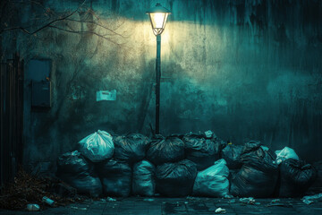 Pile of garbage under street light in urban setting.