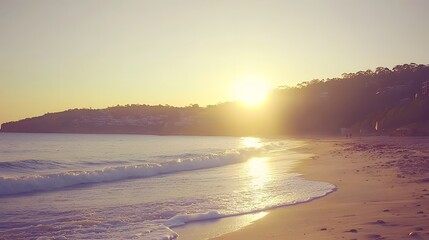 Serene Sunset Beach Scene Golden Hour Ocean Waves and Sandy Shore