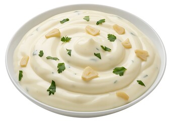 Close up of a white bowl filled with creamy sauce garnished with parsley and garlic slices on white