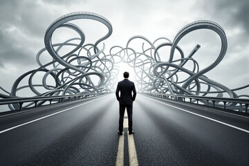 Businessman stands on road facing chaotic looping highways, surreal graphic style, cloudy background, concept of business challenges and decisions, Ai generative