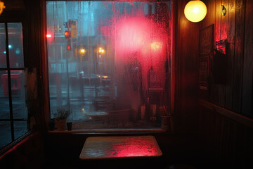 A window framing a lively city street at night; glowing lights, bustling traffic, and silhouettes of people passing by.