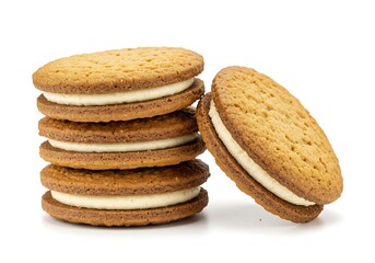 A stack of sandwich cookies with cream filling and one cookie leaning on the stack on white background