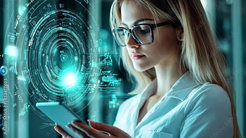Poster data processing by a caucasian female professional at a modern workstation in a tech environment, da